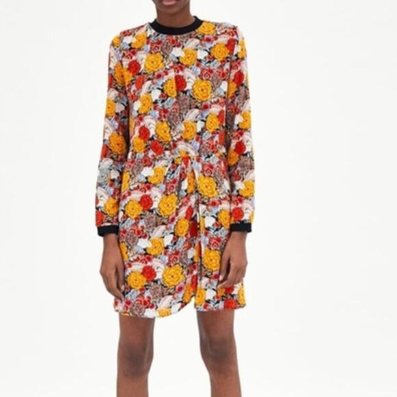 TRF Zara Pleated Long Sleeve Dress Women's Medium Yellow Red Floral Modern Mini - Picture 1 of 6